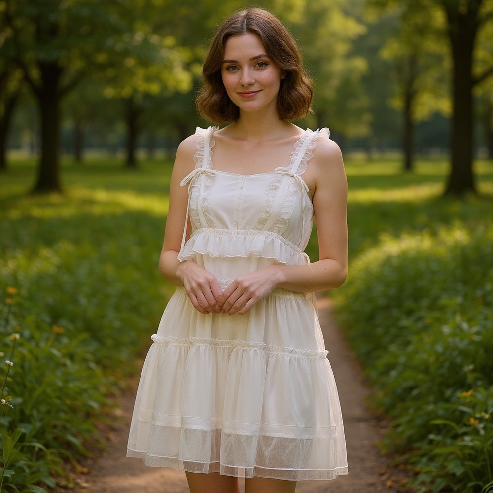 Cream Ruffle Mini Dress with Lace Trim - Elegant Summer Style fairy whimsical